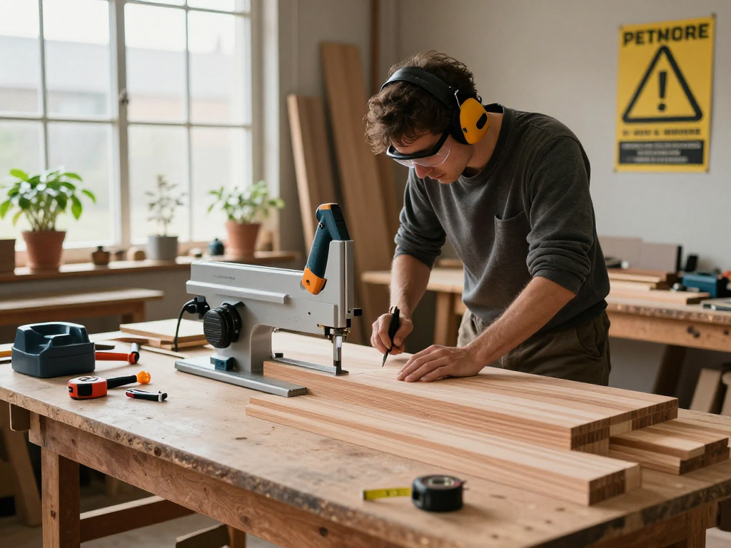 Craftsman skillfully using a chop saw table saw combo in a well-lit workshop, showcasing the art of woodworking.