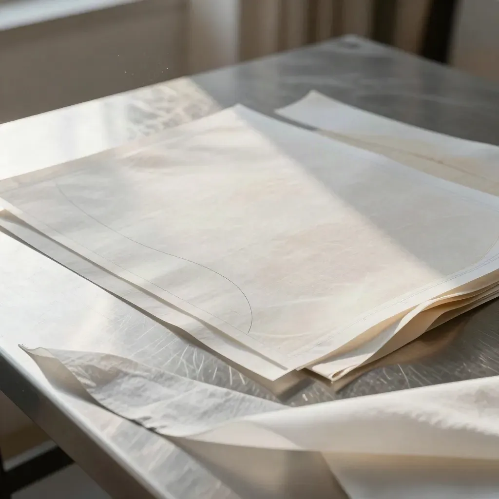 Calico toile pieces and pattern paper layered on a pewter cutting table in soft daylight.