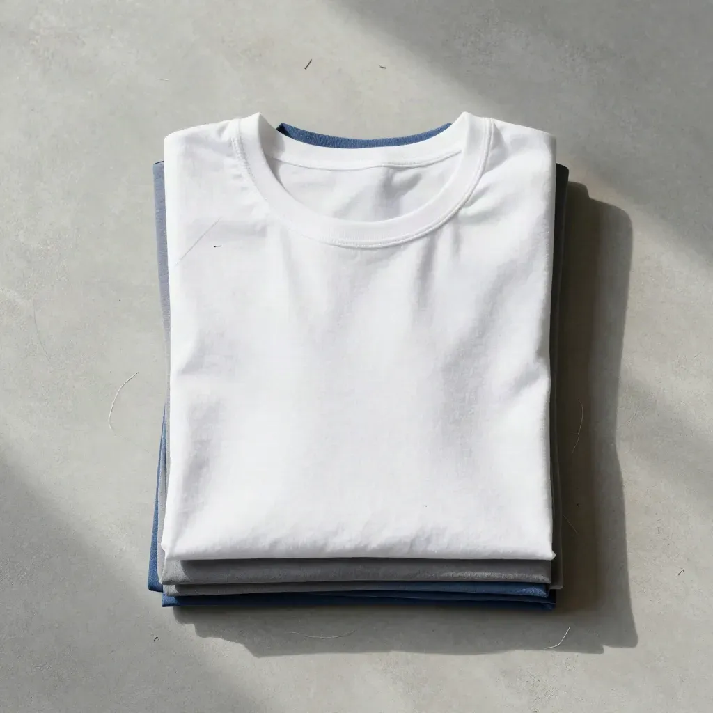 Overhead flatlay of blank tees, cut panels, neck ribs and tissue on pale concrete.