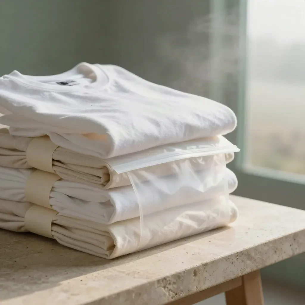 Blank tee stacks, jersey panels, poly bag and bundle wraps on a pale stone cutting table at dawn.