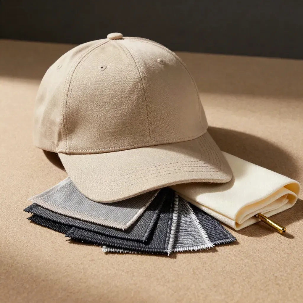 Embroidery pack with twill cap, polo collar, and stitch swatches lit in dramatic macro detail.