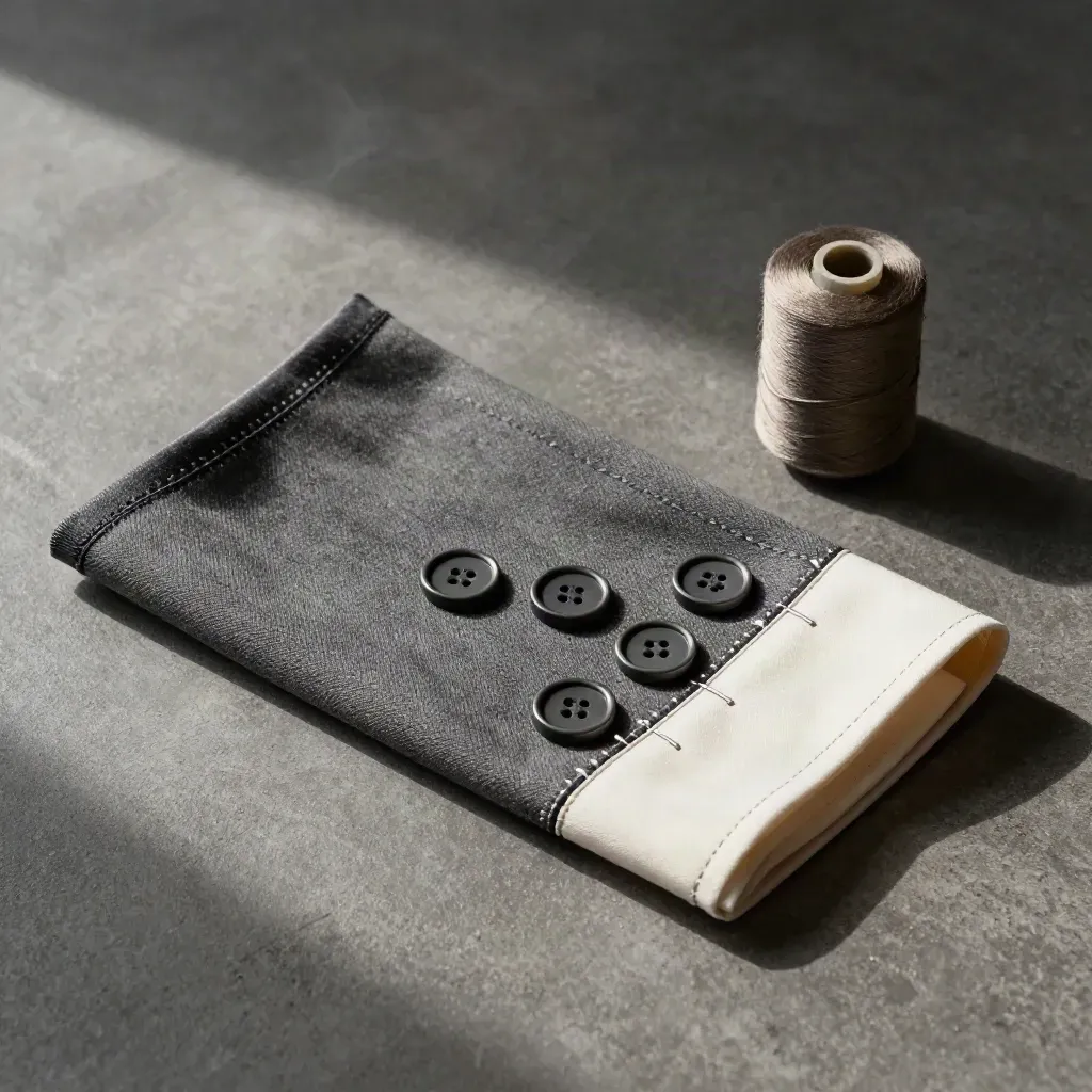 Garment alteration flatlay with hem, sleeve repair, buttons, and aligned pins on graphite stone.