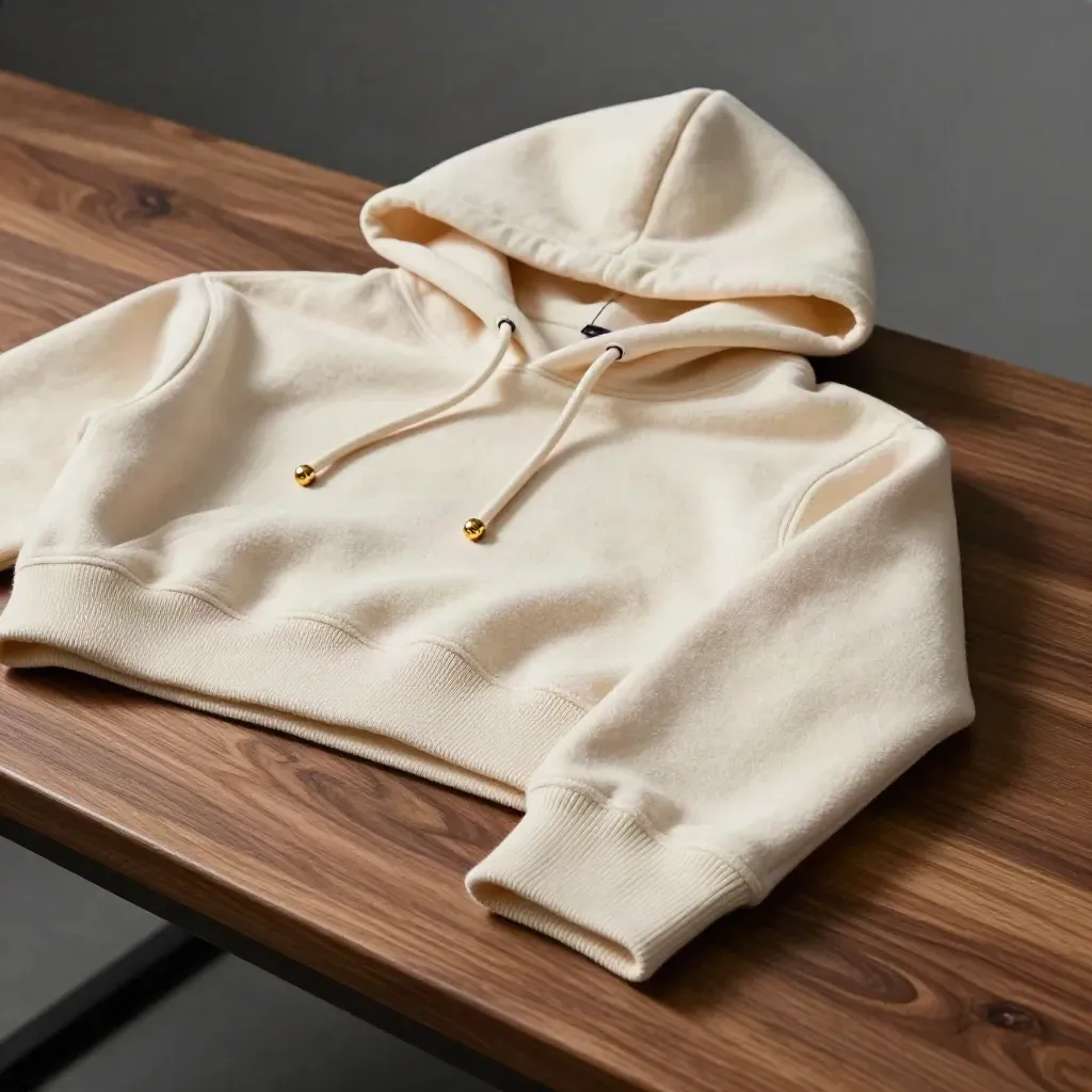 Macro fleece hoodie stack with cuffs, hood crowns and brass aglets on a walnut bench.