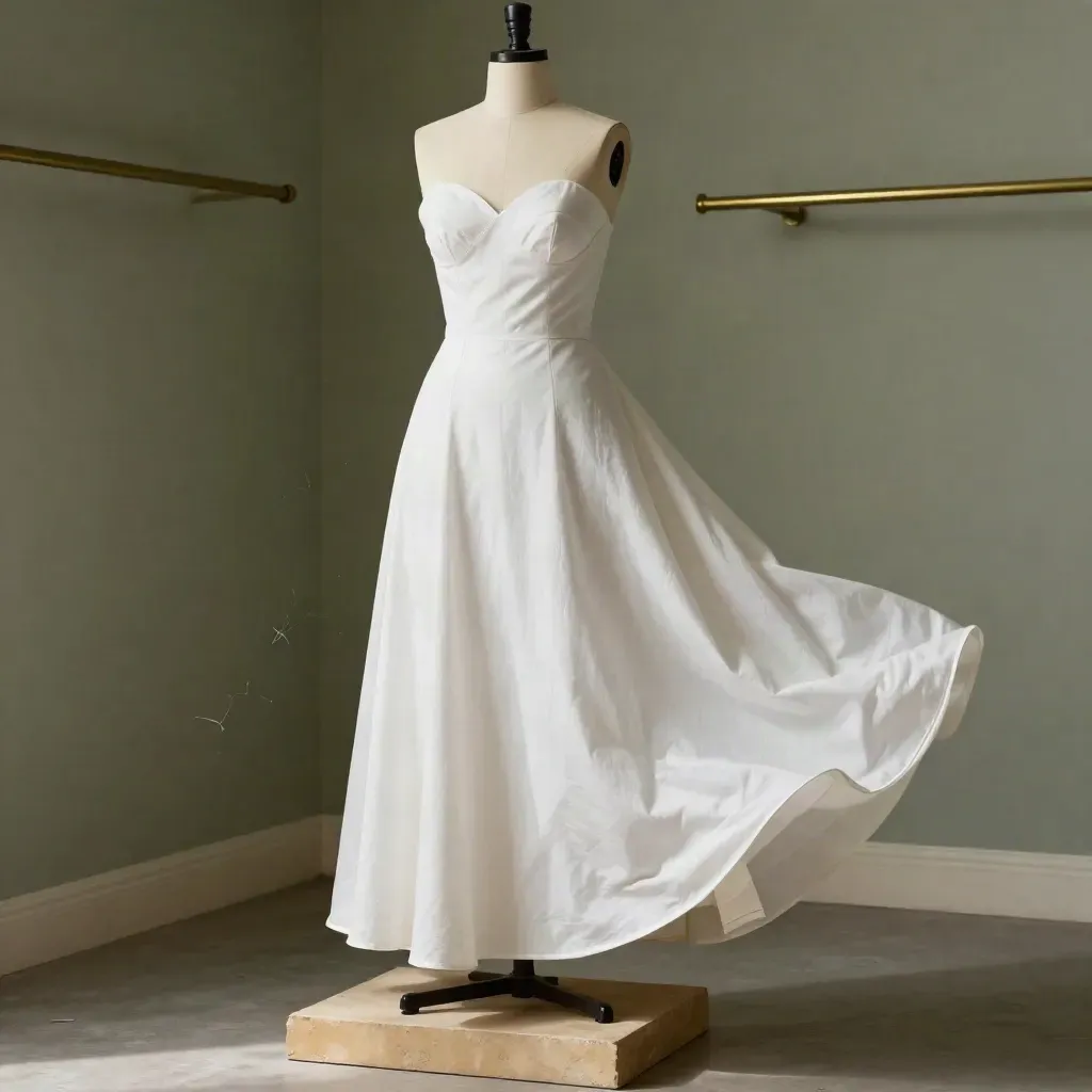 Boutique dress sample on a matte dress form in a softly lit atelier.