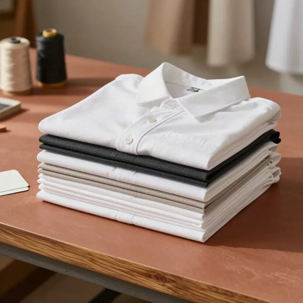 Stacked uniform sew packages with folded shirts and aprons in a textile workshop.