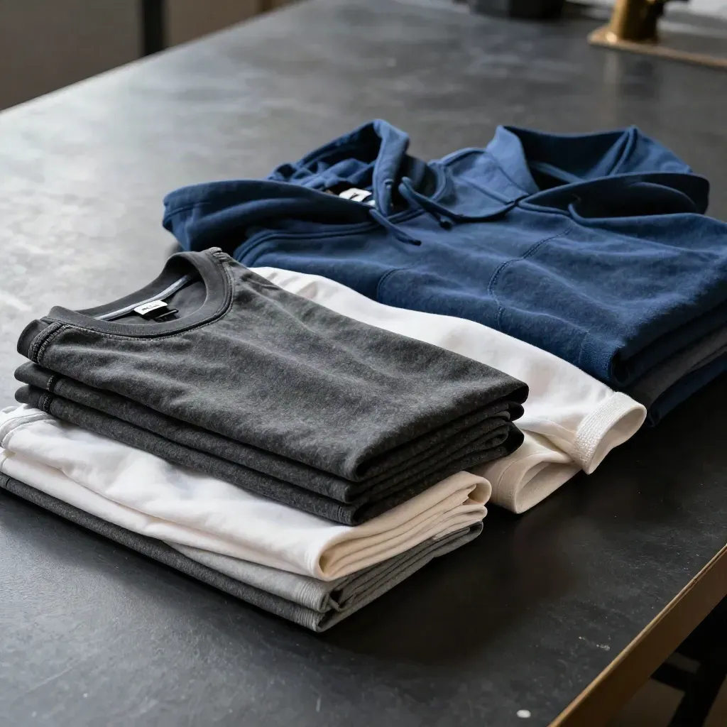 Indigo tees and hoodies in a sculptural cut-and-sew wave on a matte-black studio surface.