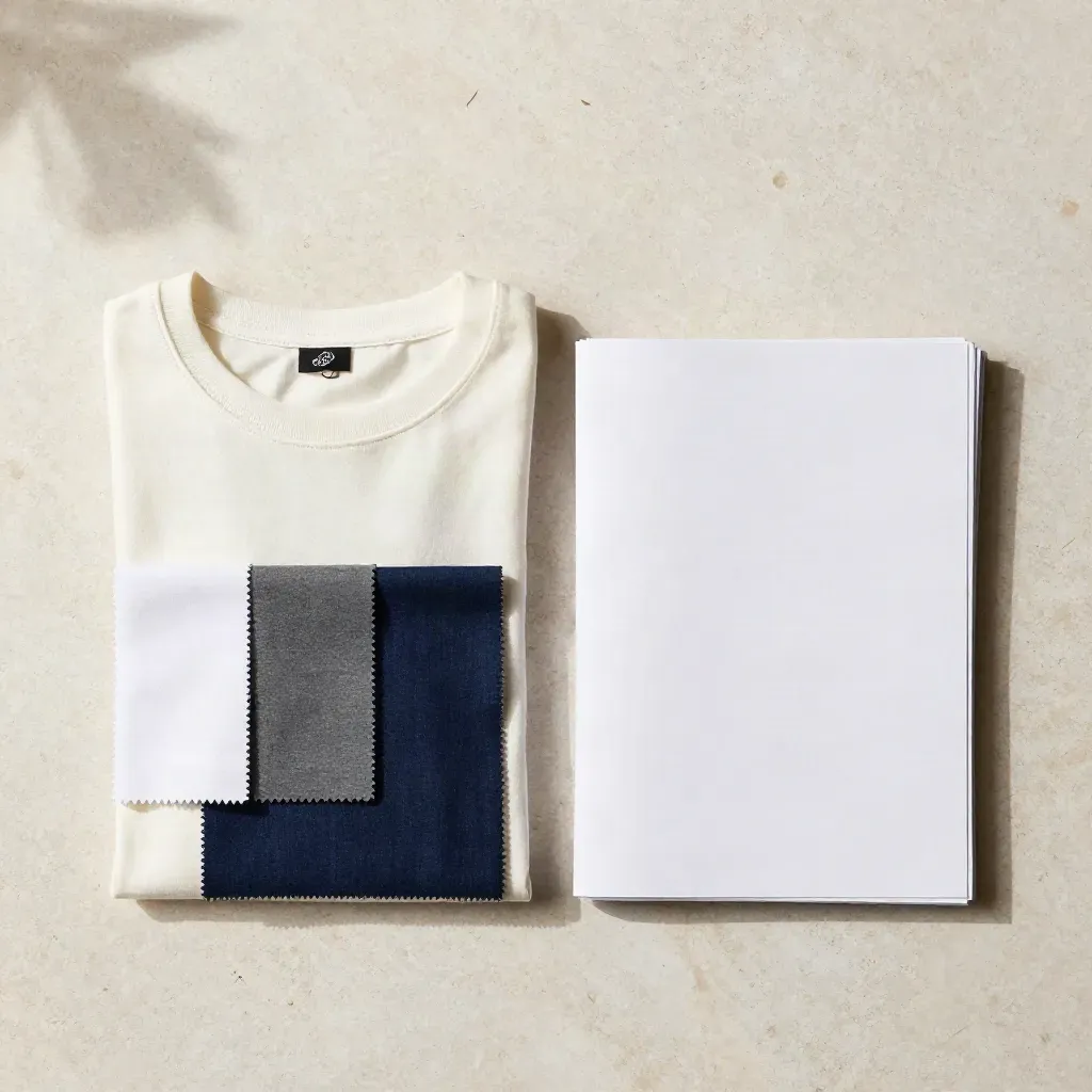 Overhead tech pack bundle with folded tee, face-down papers, and swatches on pale travertine.