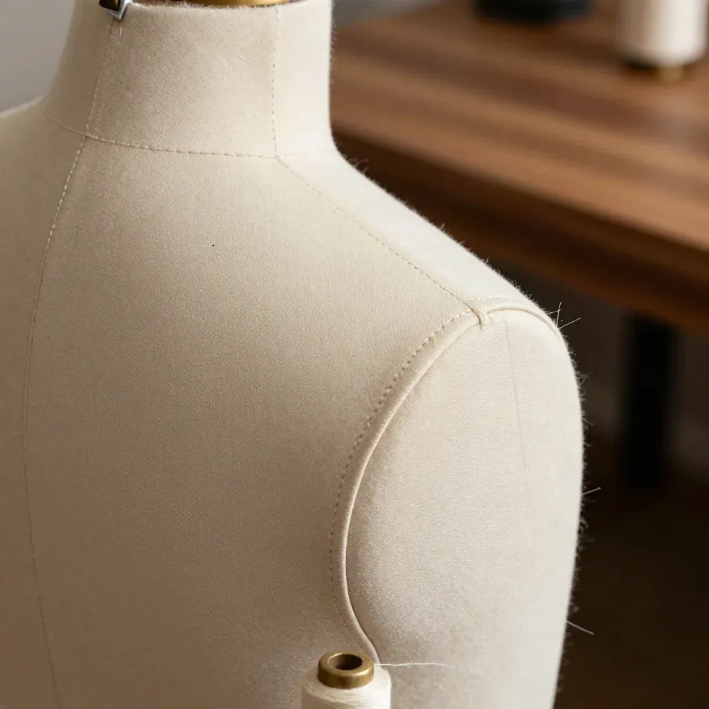Macro of a sewn sample garment on a matte form with fresh seams, loose threads and brass detail.