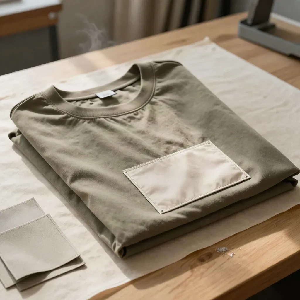 Folded garment with a blank sew-in patch and spare patch pieces on an atelier workbench.