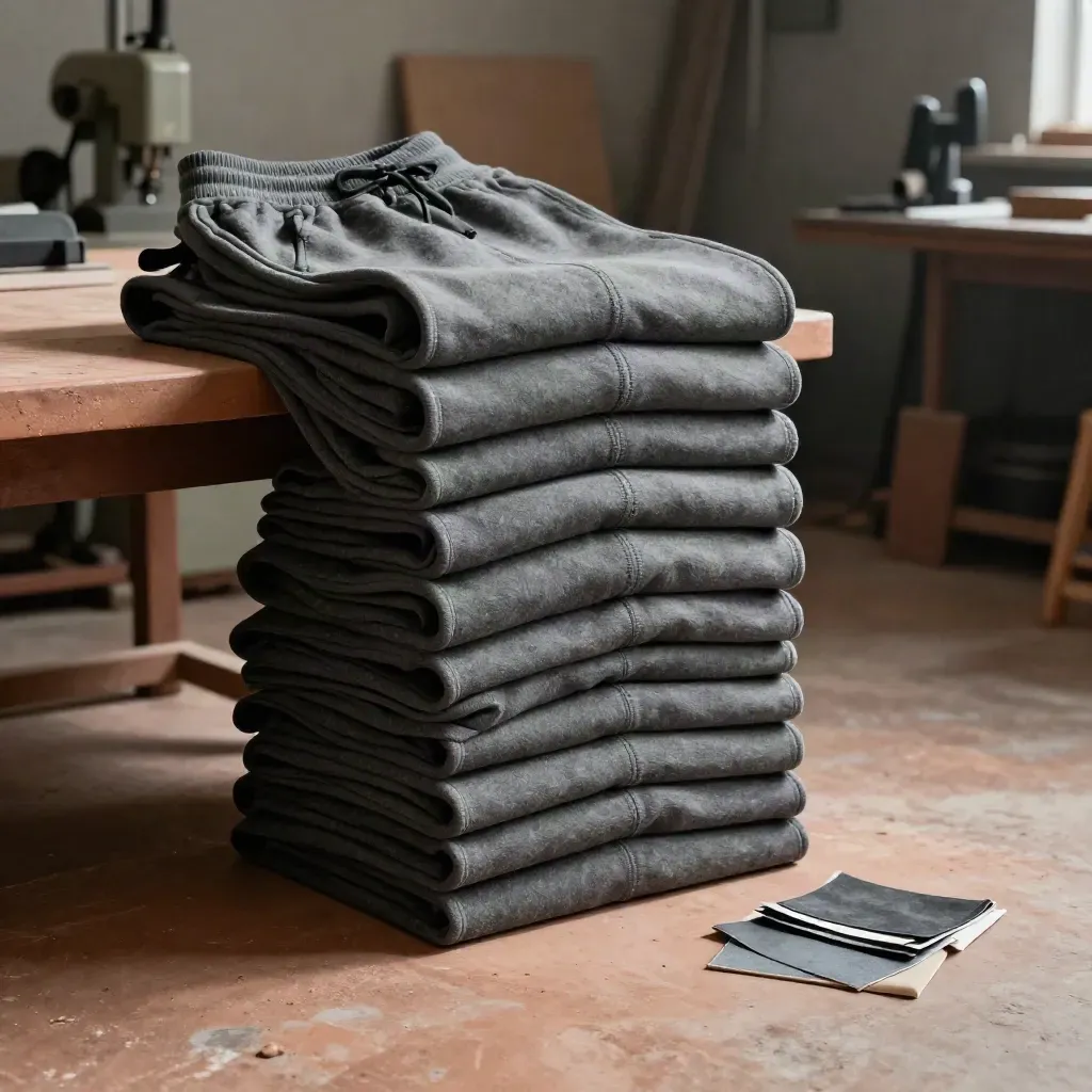 Charcoal joggers stacked in a textile atelier with soft light and blurred workshop background.