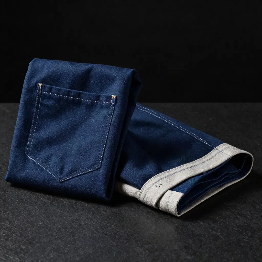 Two repaired garments with pressed hems staged on a matte-black surface in dramatic studio light.