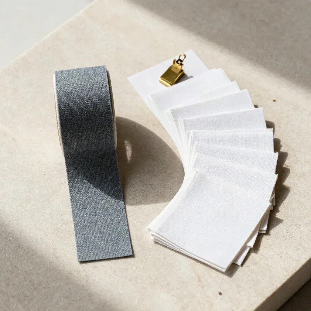 Overhead flatlay of woven label tapes, neckline samples, and a brass clip on stone.
