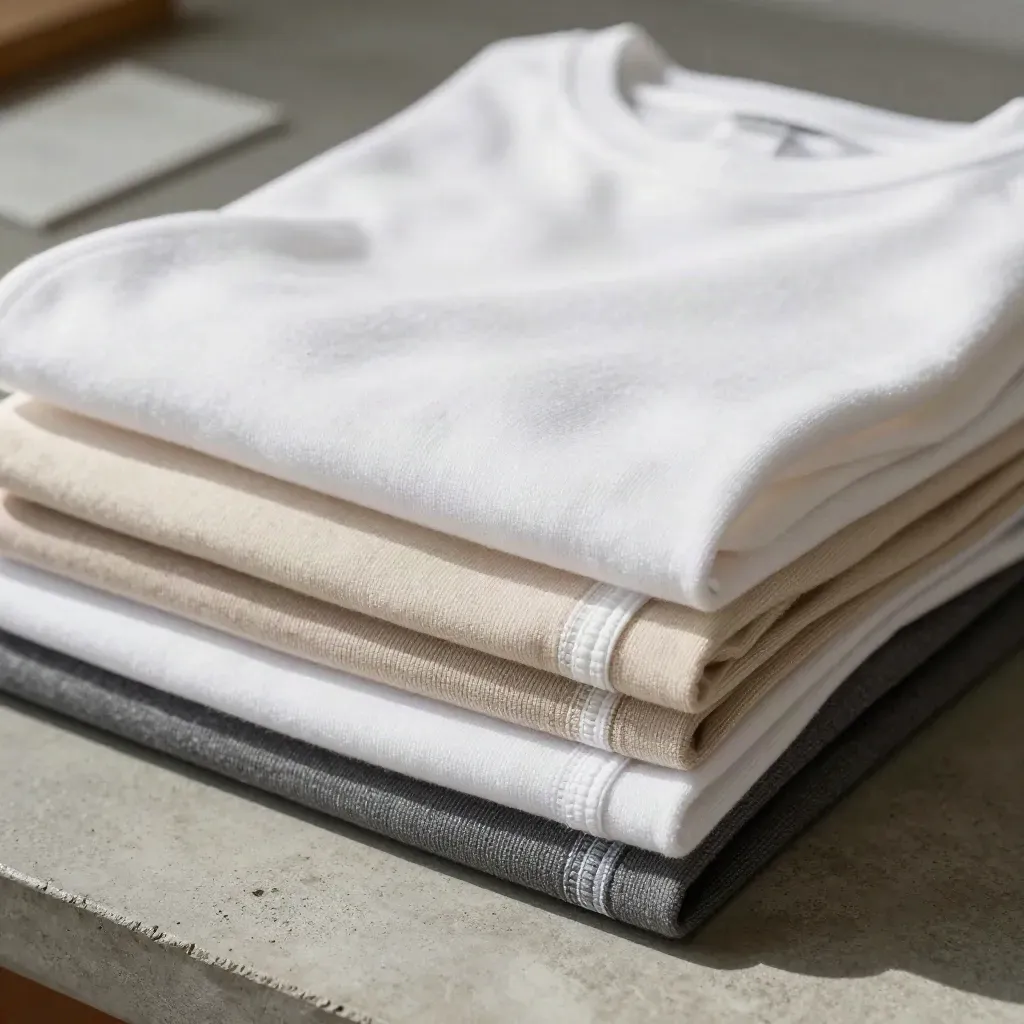 Extreme macro of folded uniforms showing crisp hems and seam texture on concrete.