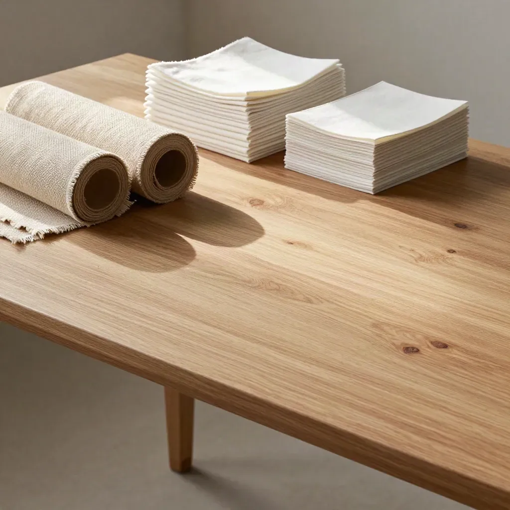 Pale oak sourcing table with cotton bolts and muslin stacks in soft morning light.