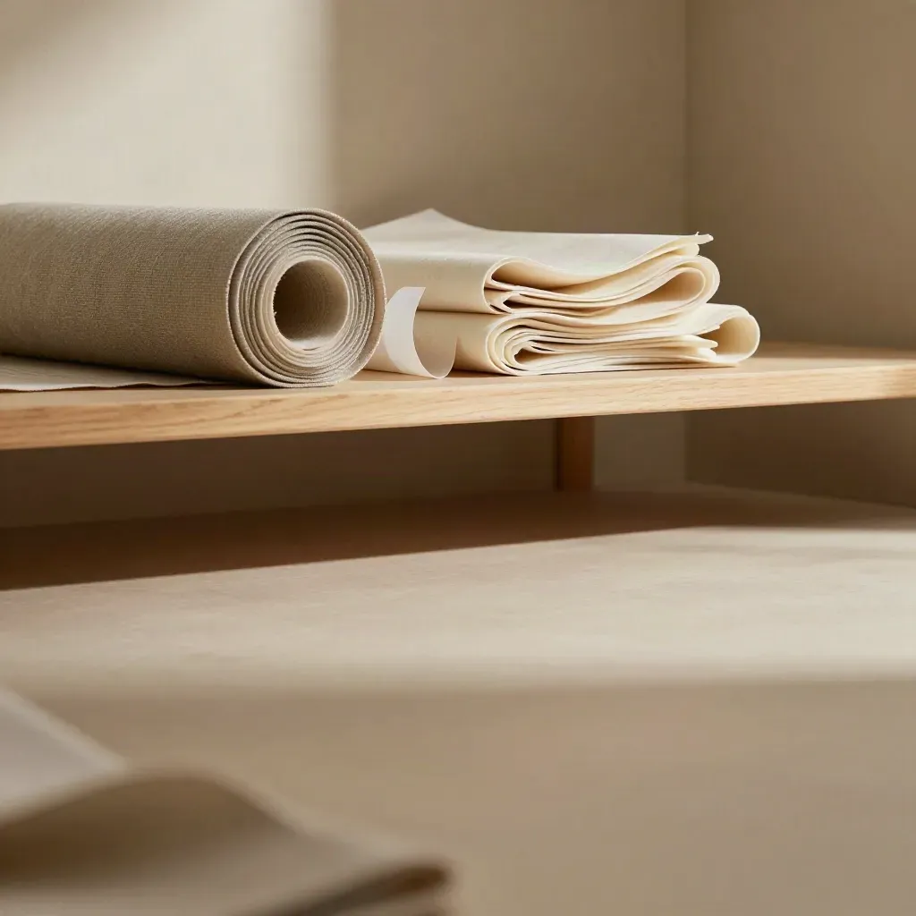 Atelier corner with calico, pattern paper tubes, and muslin in soft afternoon light.